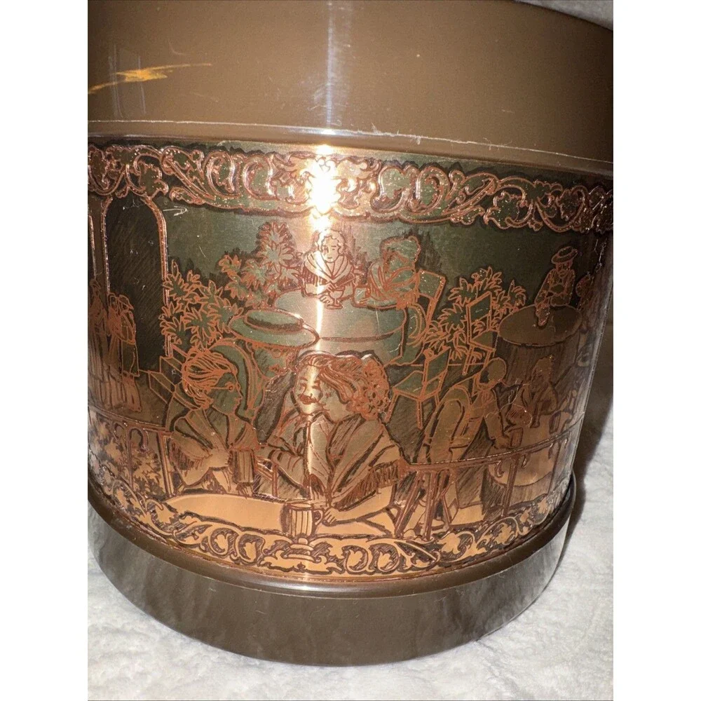 Vtg ATAPCO COPPER Brown ICE BUCKET With Lid German Scene 8” *flaw On Lid